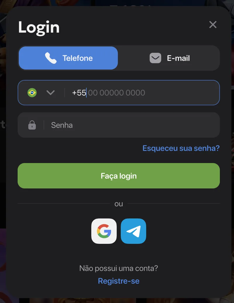 Login da Wintomic por telefone com o código +55 do Brasil e senha